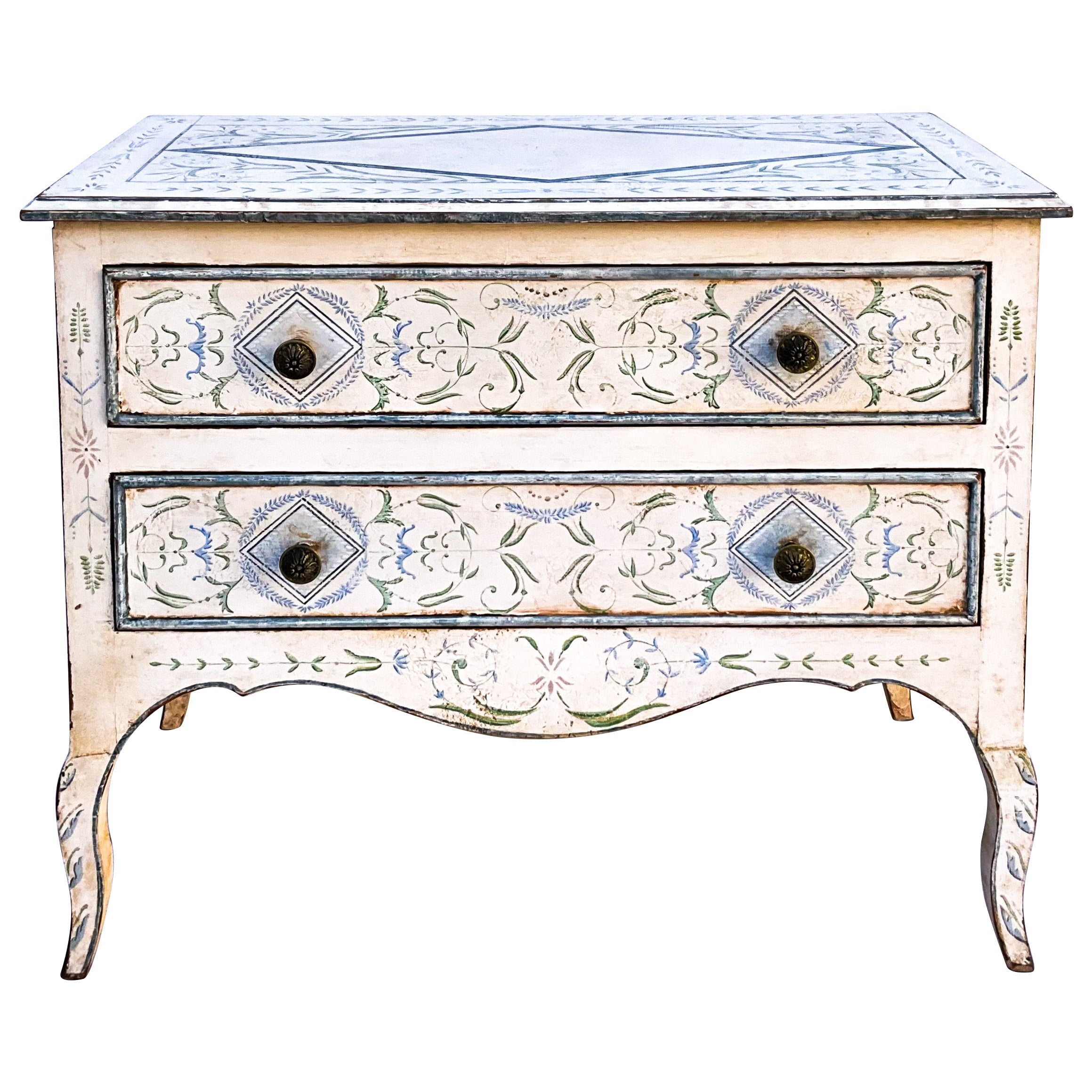 Italian Hand Painted Blue And White Italian Commode / Chest Att. Niermann Weeks For Sale
