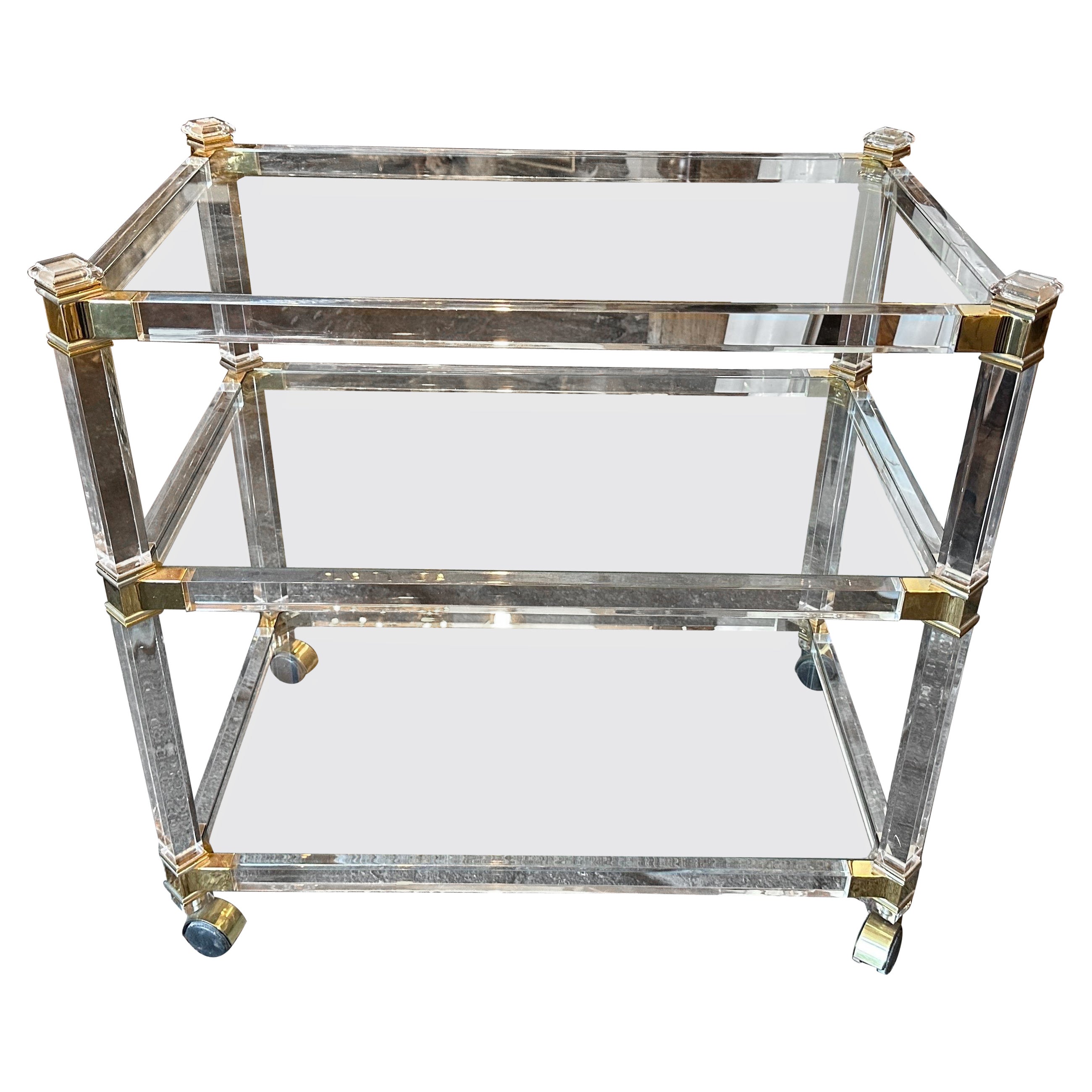 1980s Hollywood Regency Lucite and Brass Italian Bar Cart by Fratelli Orsenigo For Sale