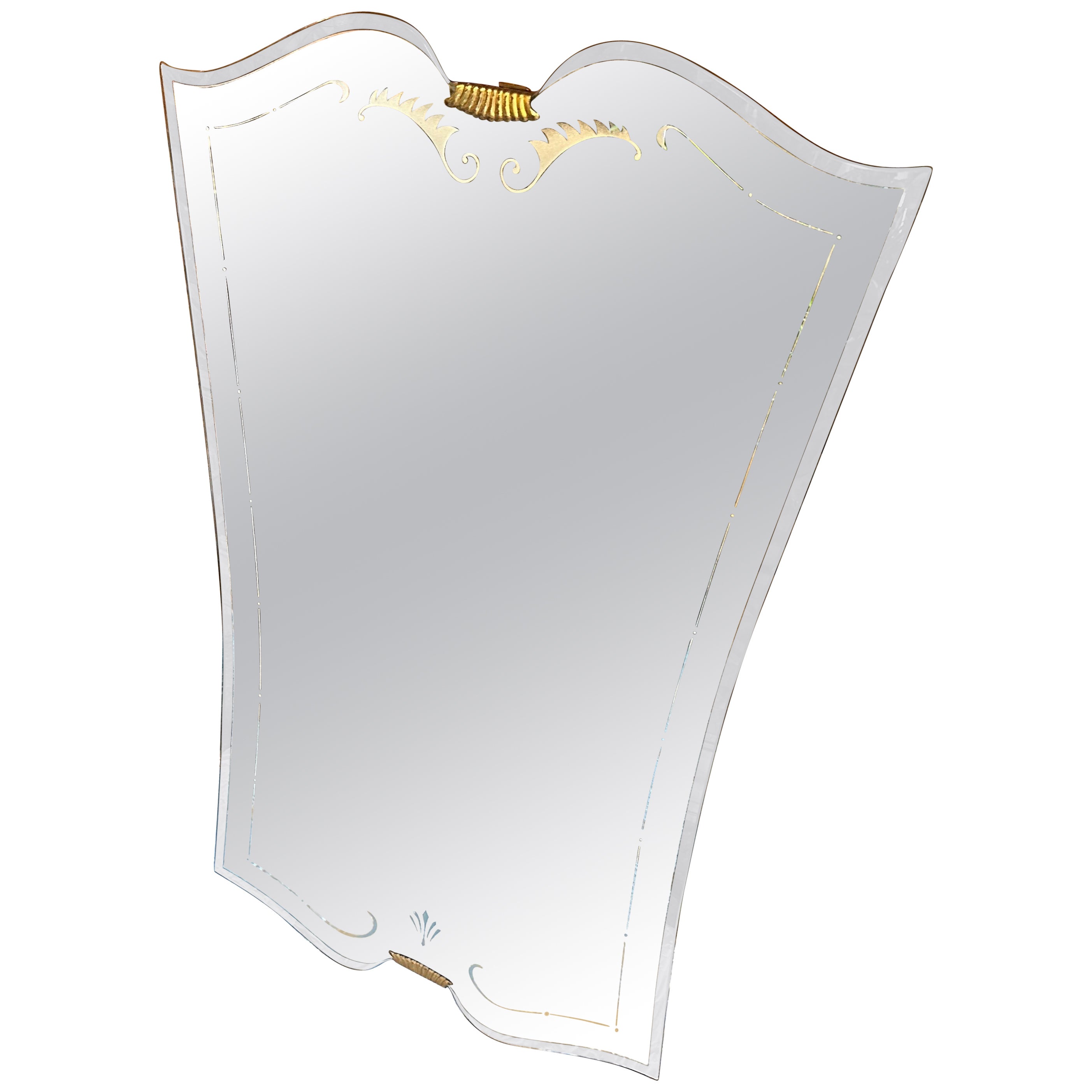 1940s Gio Ponti Style Art Deco Etched Glass and Brass Italian Wall Mirror For Sale