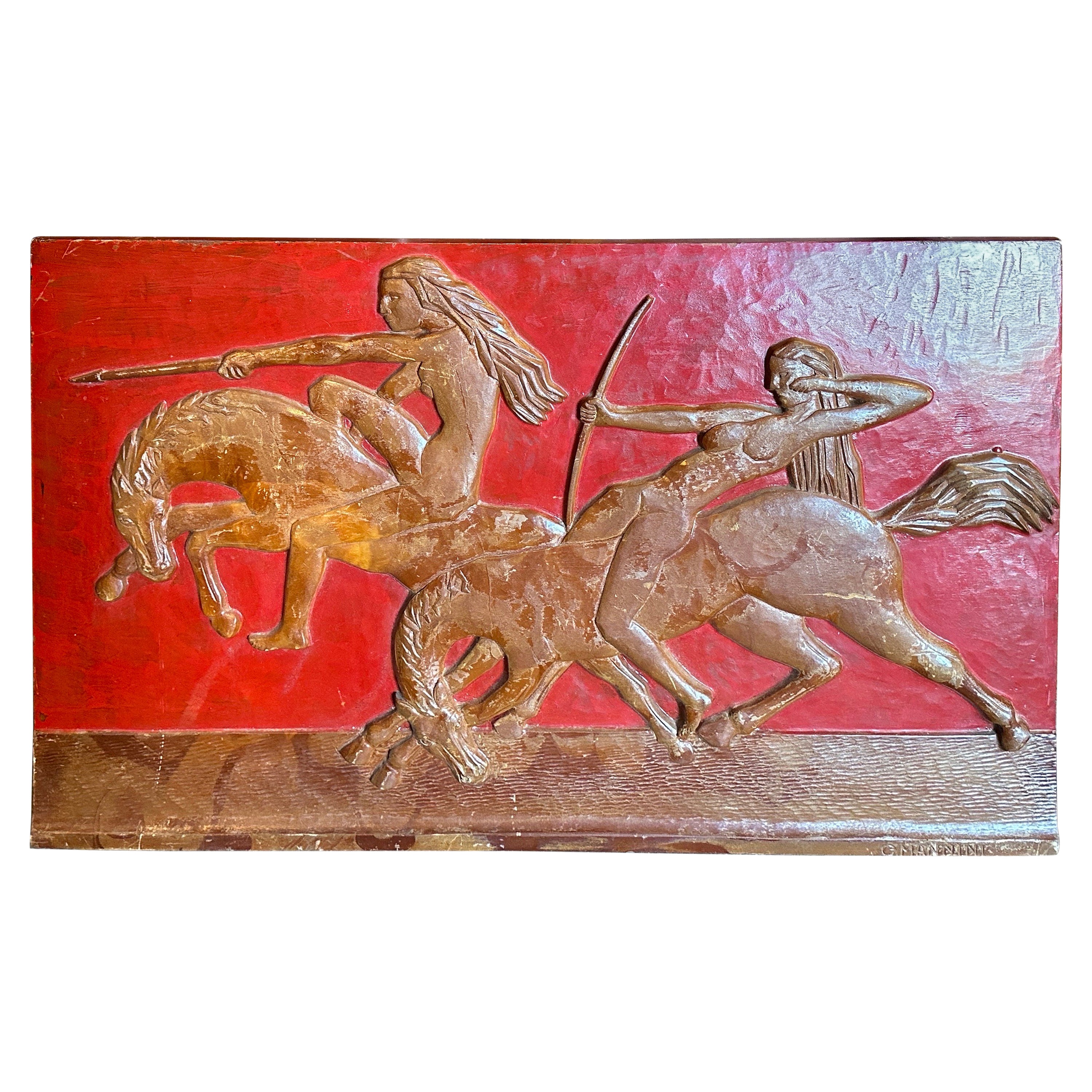 1930s Art Deco Hand-Carved Wood Amazons Low Relief by Mannini For Sale