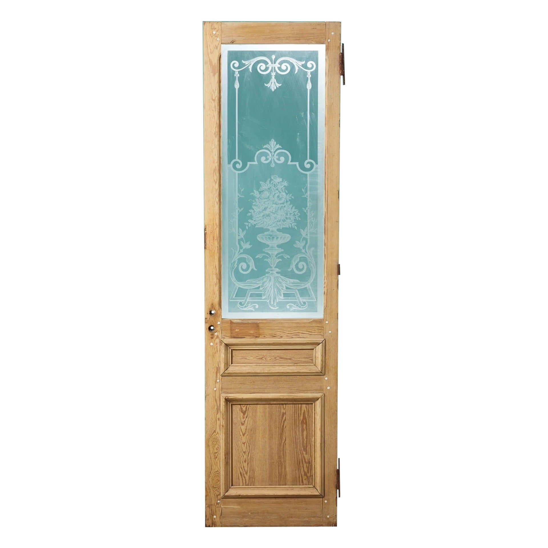 Tall Antique French Acid Etched Pine Door For Sale