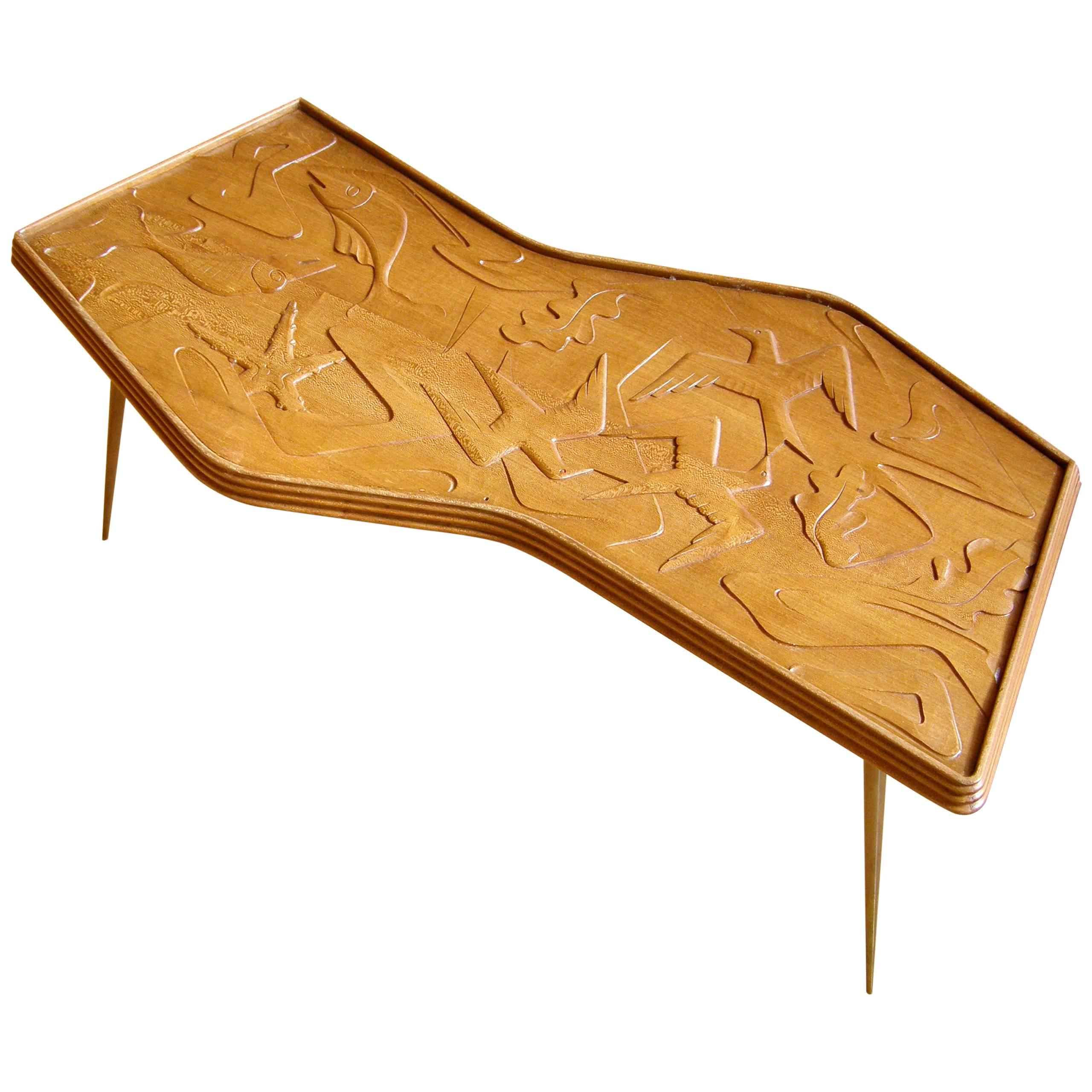 Sculptural Mahogany Coffee Table with Brass Legs and Carved Birds and Fish For Sale
