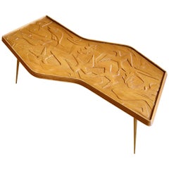 Sculptural Mahogany Coffee Table with Brass Legs and Carved Birds and Fish