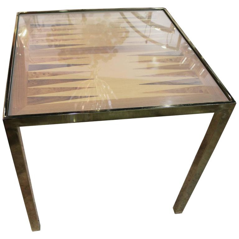 Brass Game Table Burl Wood Chess Backgammon Checkers Hollywood Regency ...