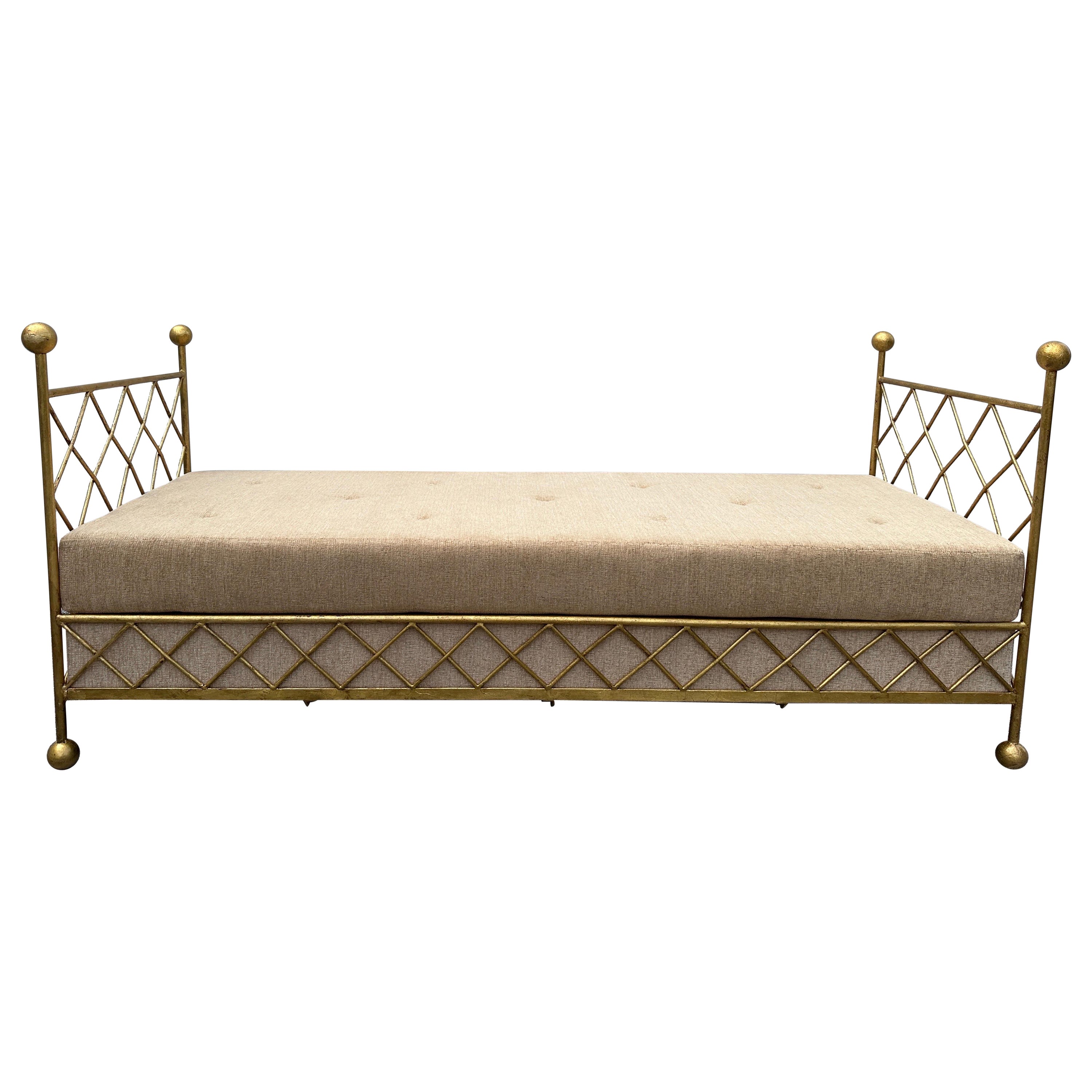 1980's French Gilt Iron Daybed - Newly Upholstered For Sale