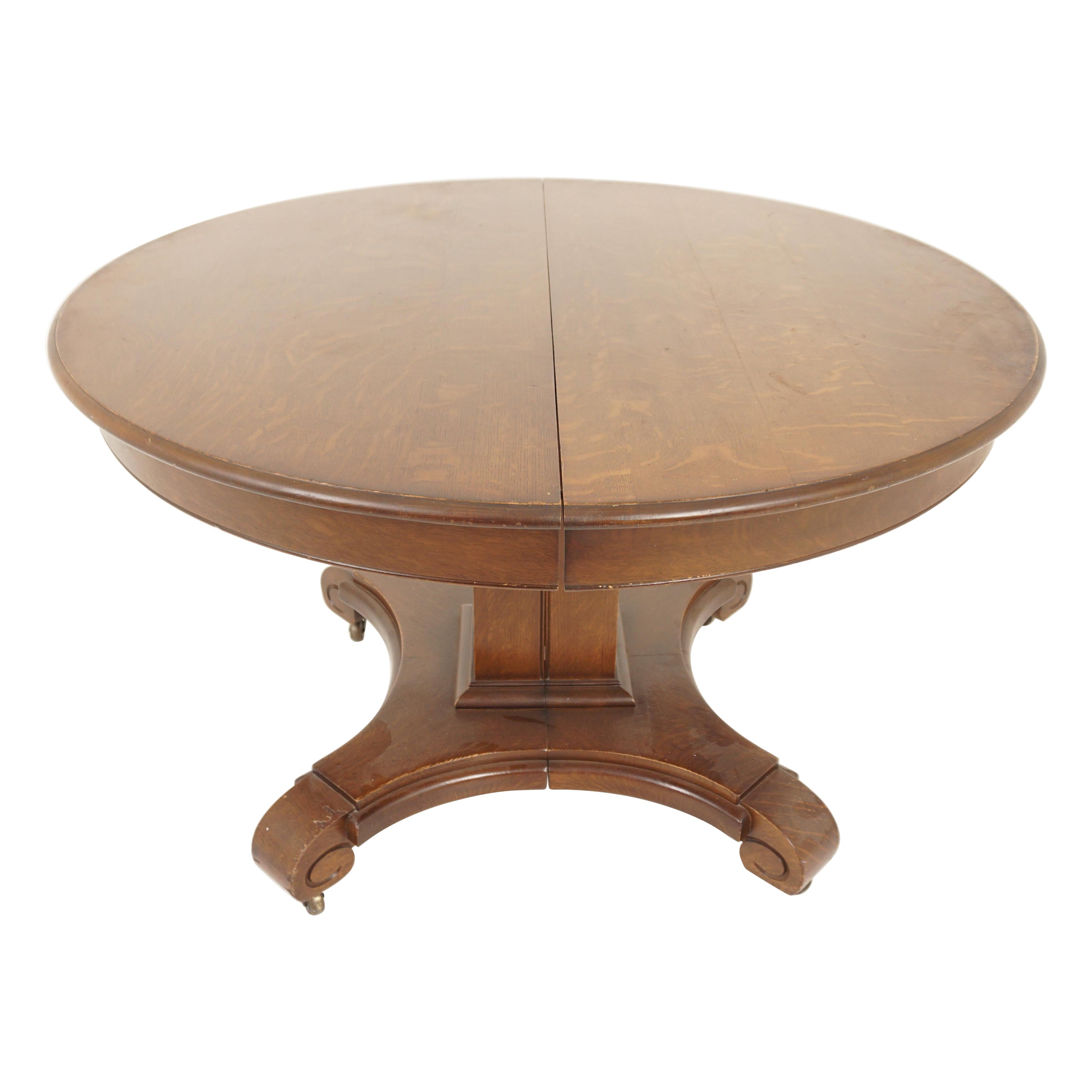 Mission Tiger Oak Arts & Crafts Round Dining Table 3 Leaves, America 1920, H1197 For Sale