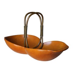 Vintage Aldo Tura Carved Walnut Wood & Brass Bowl for Macabo, Italy, c.1970