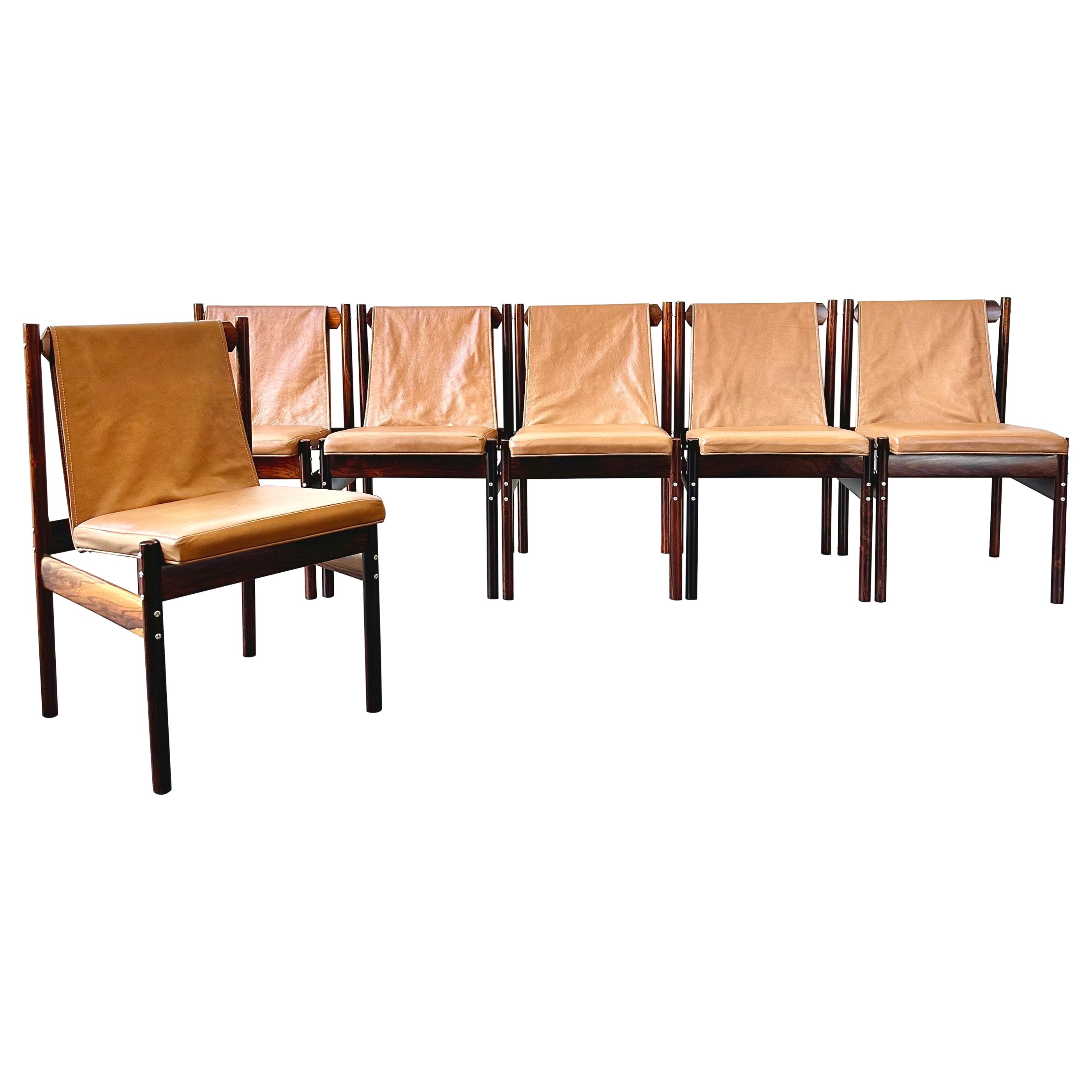 Mid Century Brazilian Modern Rosewood and Leather Sling Chairs by Novo Rumo  For Sale