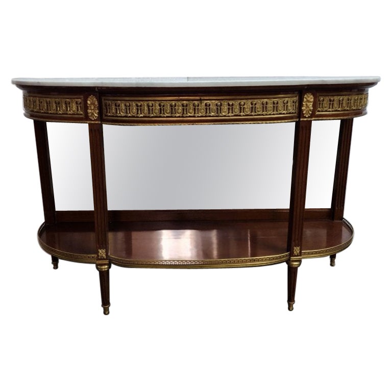 Mahogony Bronze Louis XV Style Demi-Lune Table 