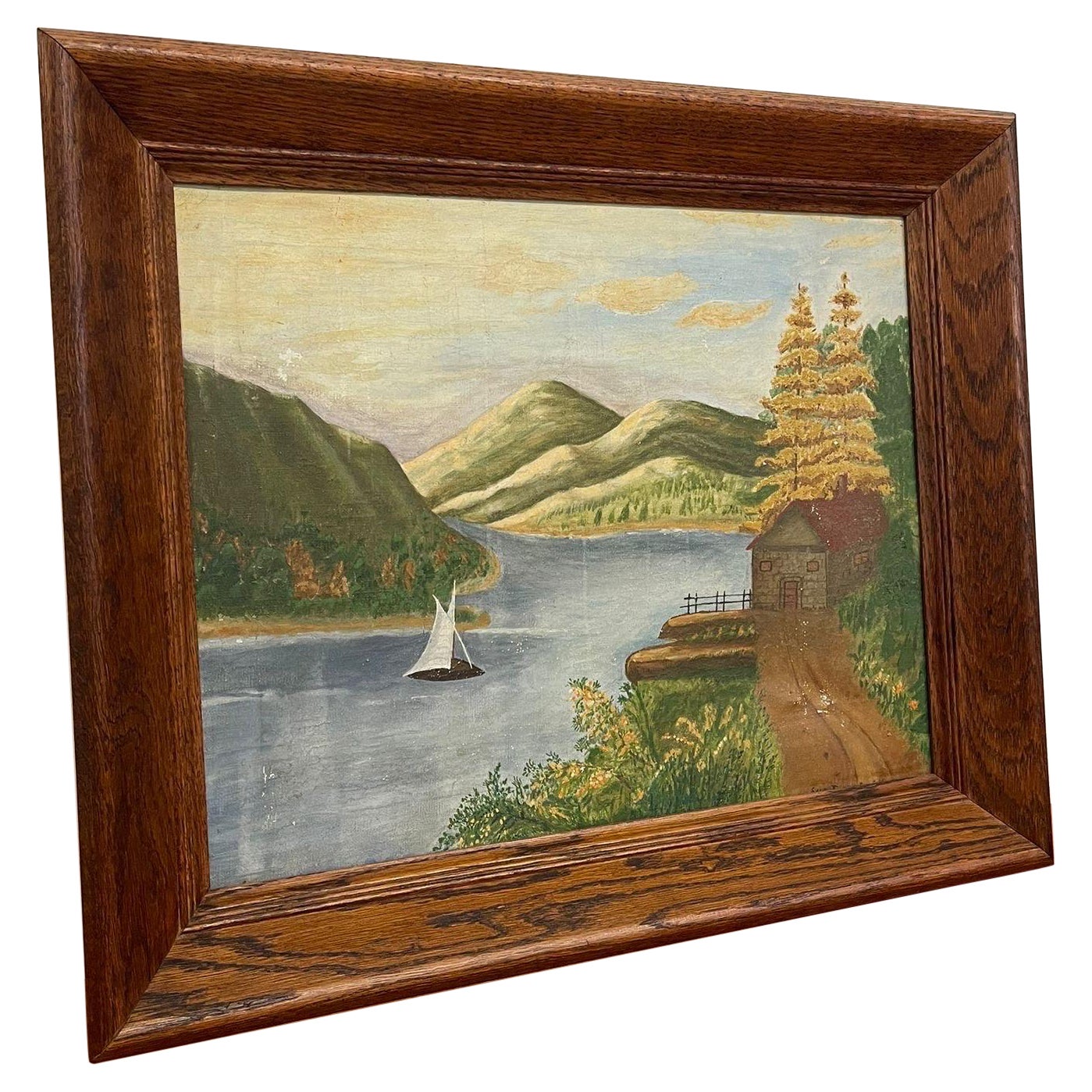 Œuvre d'art vintage originale encadrée et signée Lakeside Landscape
