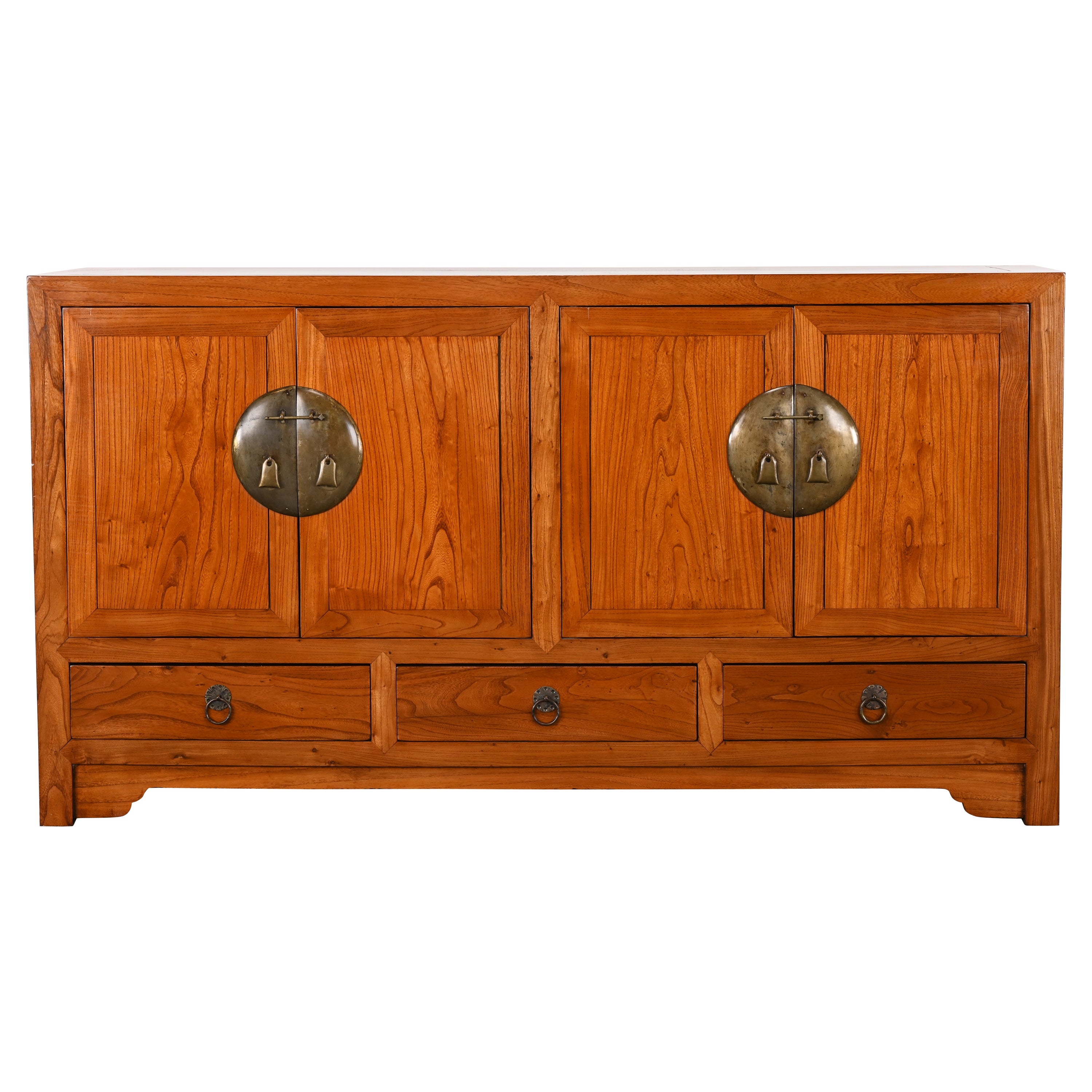 Chinese Elmwood and Brass Credenza or Sideboard, Mid 20th Century For Sale