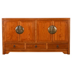 Retro Chinese Elmwood and Brass Credenza or Sideboard, Mid 20th Century