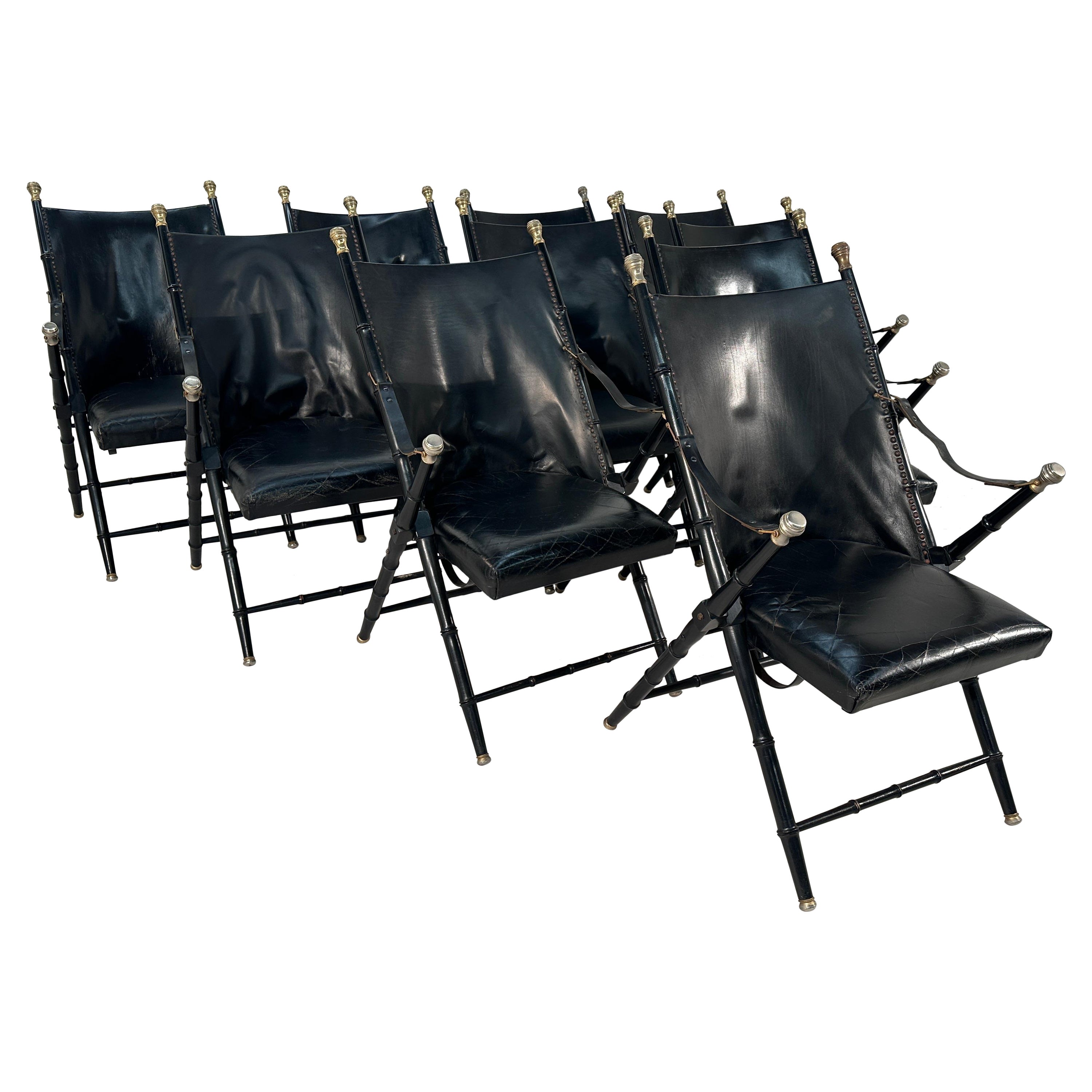 10 chaises pliantes victoriennes françaises en cuir en vente