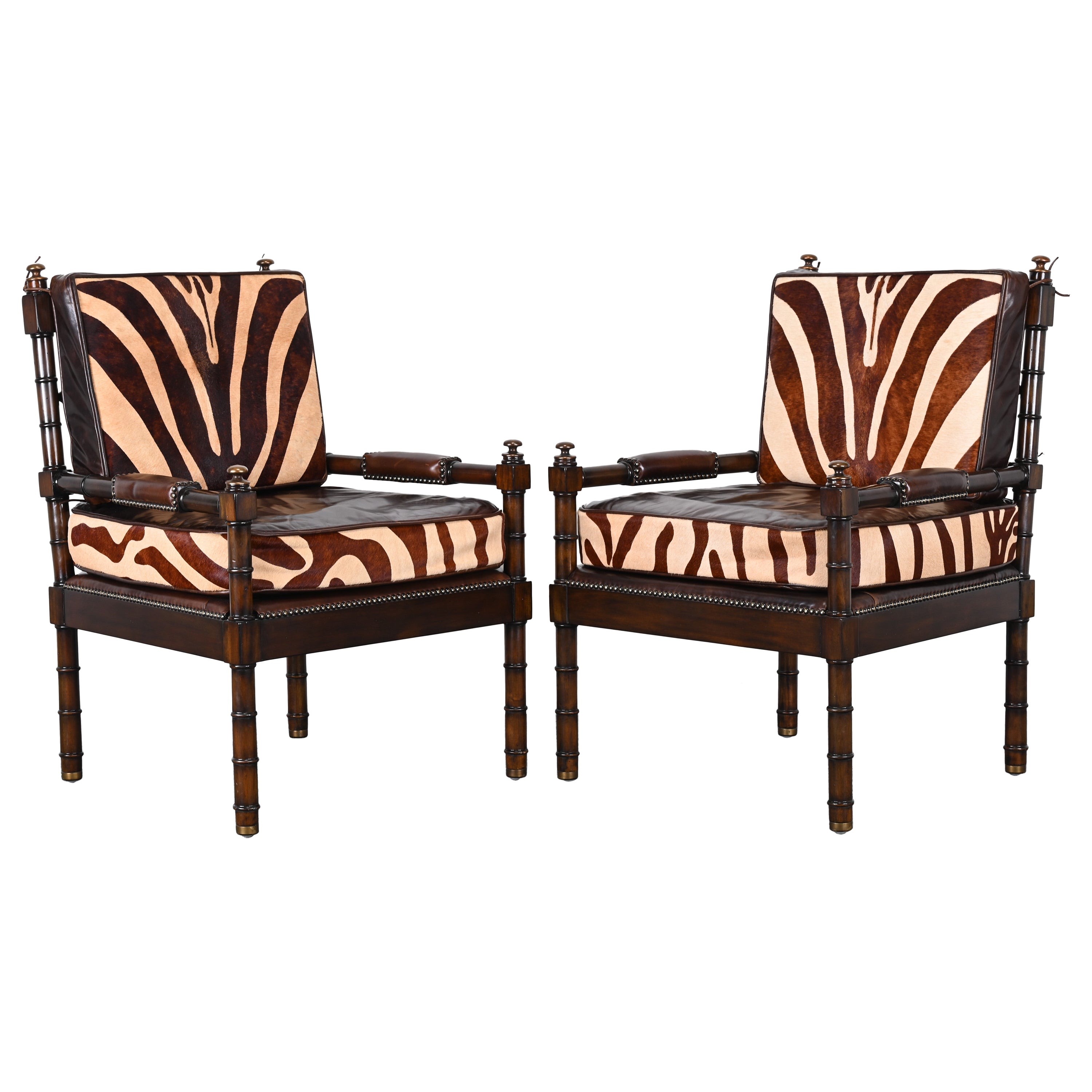 Maitland Smith Bamboo Armchairs with Cowhide Zebra Print Leather Seats, 1990s For Sale