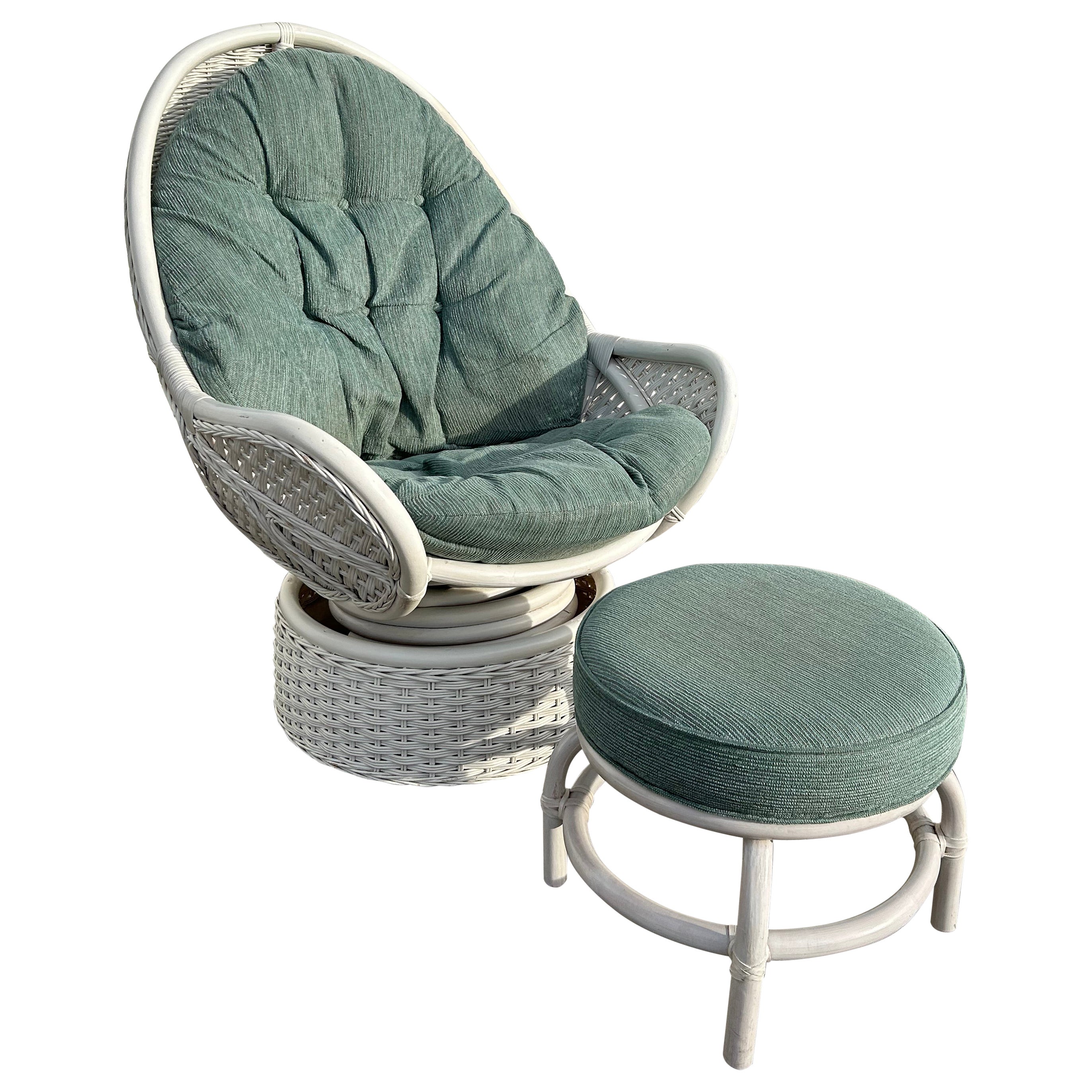 White Rattan Upholstered Swivel Egg Chair with Ottoman  For Sale