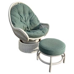 Used White Rattan Upholstered Swivel Egg Chair with Ottoman 