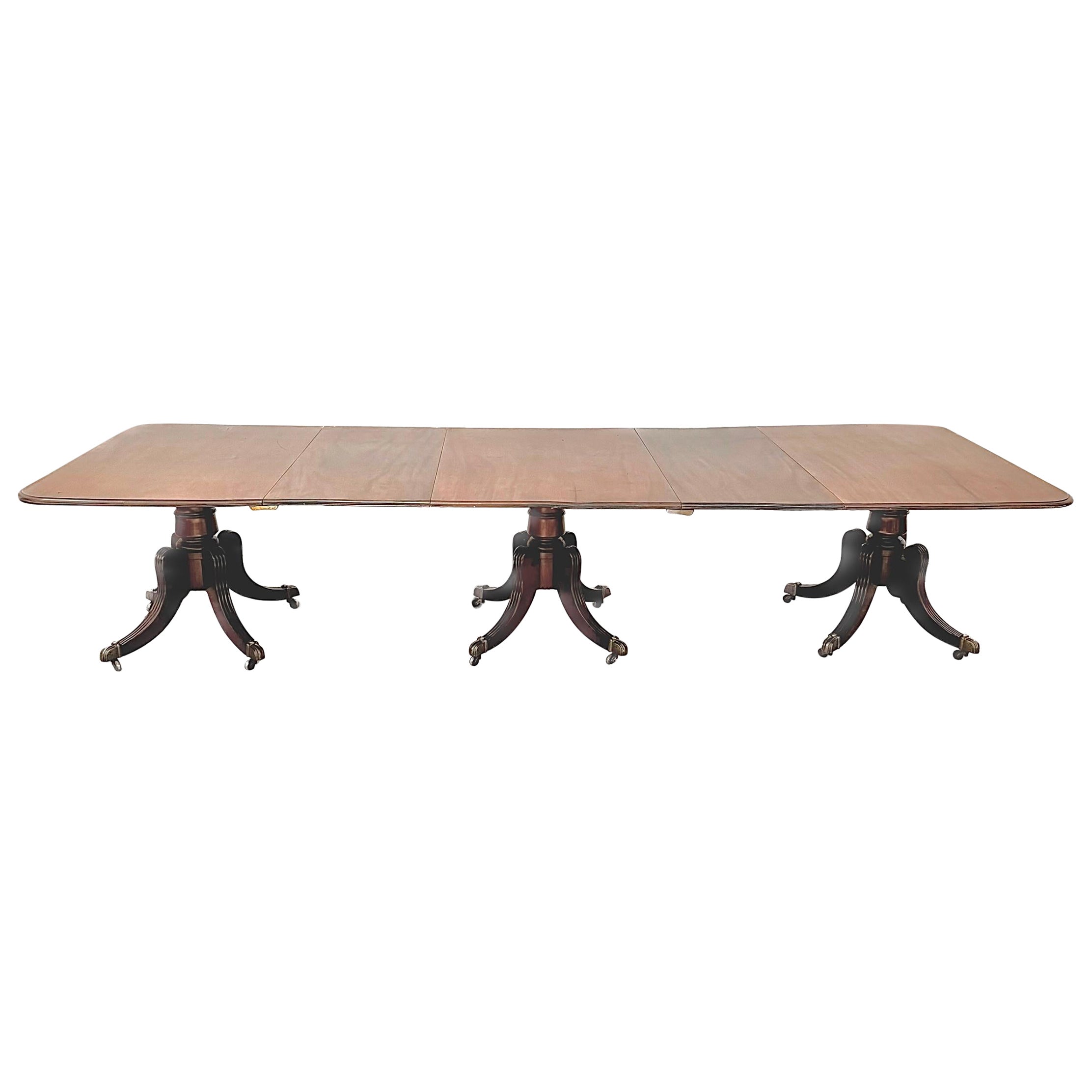 Very Fine English Regency Triple Pedestal Dining Table For Sale