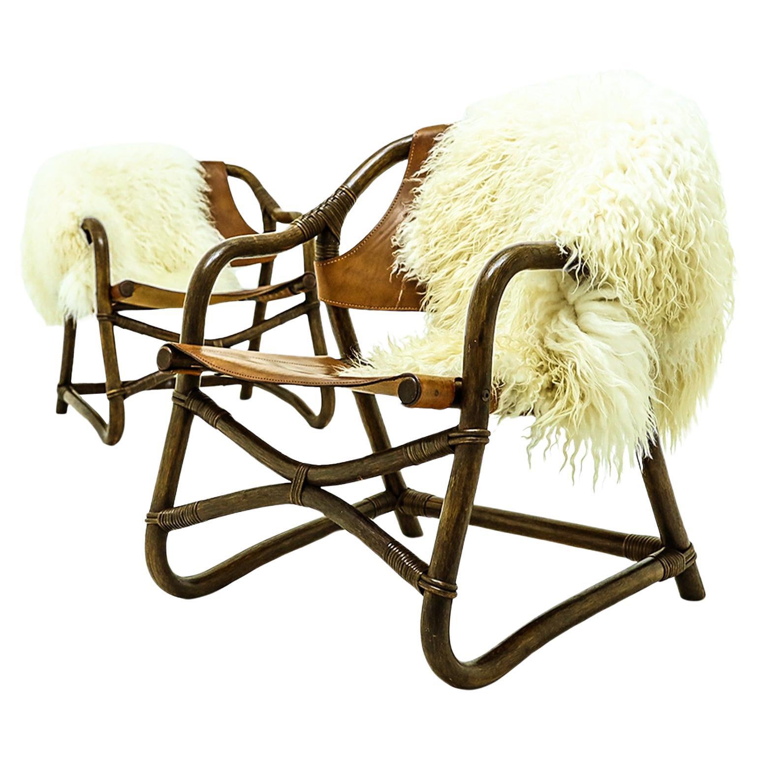 Vintage sheepskin and leather and cane easy chairs attributed to Rohe Noordwolde