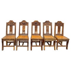 Set of Five Custom Hand Carved Aztec Style Oak Dining Chairs