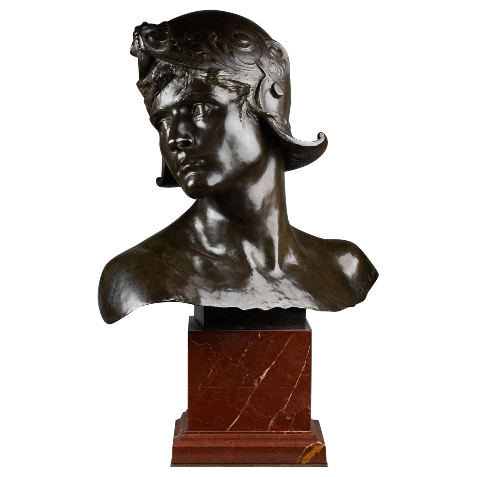 Emmanuel Hannaux: "Roman warrior bust", Brown patinated bronze Late XIXth c. For Sale