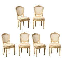 Set of Six 19th Century Italian Neoclassical Style Painted & Cane Dining Chairs