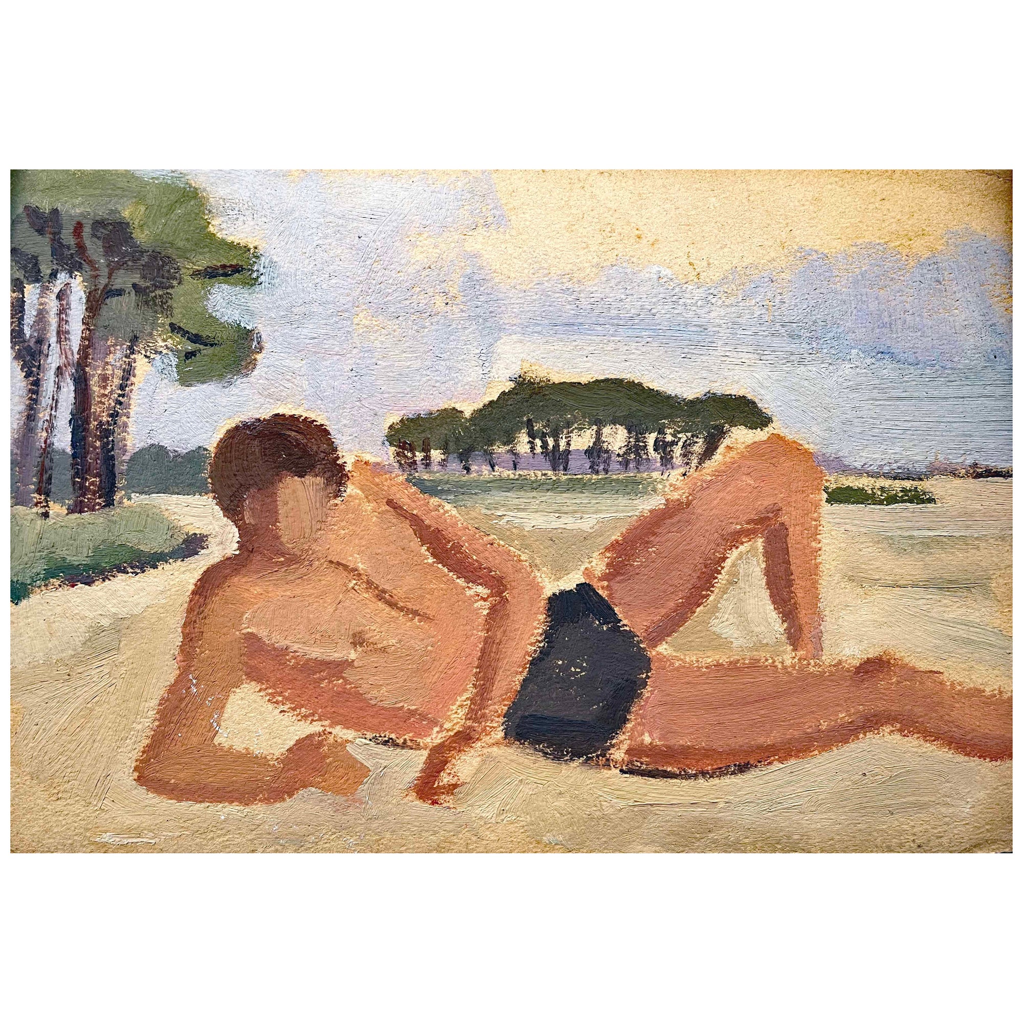 "On the Beach", Art Deco Painting of Reclining Young Man in Swimsuit For Sale