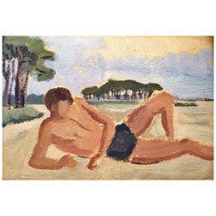 „On the Beach“, Art-Déco-Gemälde eines liegenden jungen Mannes im Badeanzug