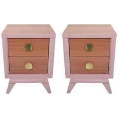 Retro Pair of Mid-Century Mahogany End Tables in Dusty Pink