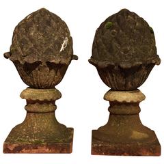 Pair of Re Ground Stone Pineapples on Socles, circa 1980s