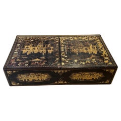 Vintage Exceptional Chinese Export Gilt Black Lacquer Chinoiserie Decorated Lap Desk 