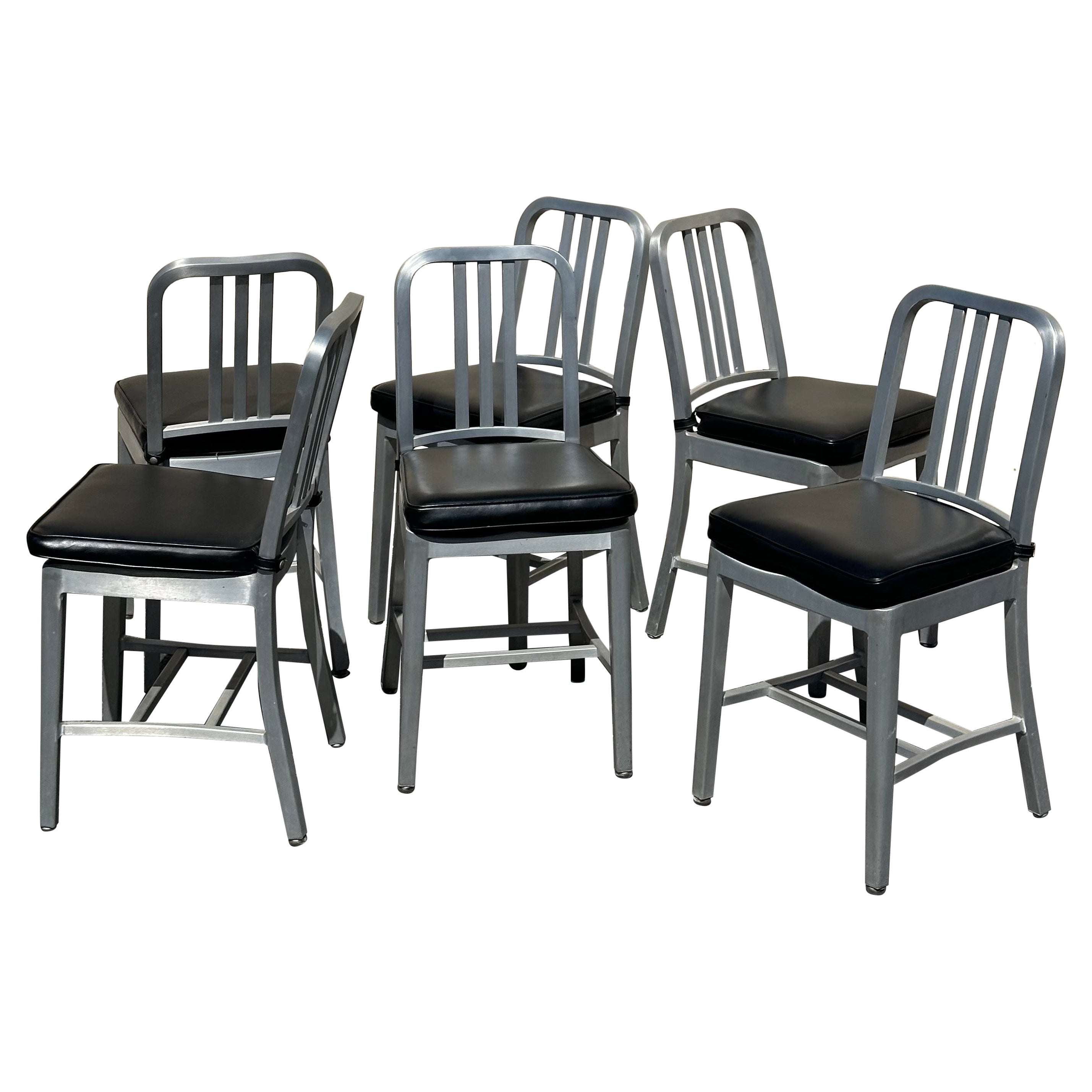 Set of Six Brushed Aluminum #111 "Navy" Chairs  by Emeco with Cushion For Sale