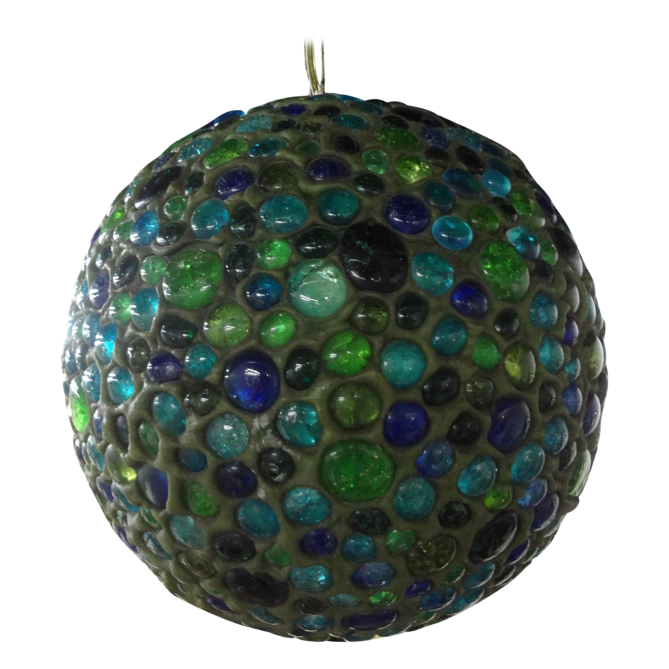Italian Modern Multicolored Glass Lantern. Stunning Italian multicolored glass sphere lantern of green, blue and turquoise applied glass. Newly wired for the U.S. market with a new single Edison socket. Dimensions given are for the globe only and 