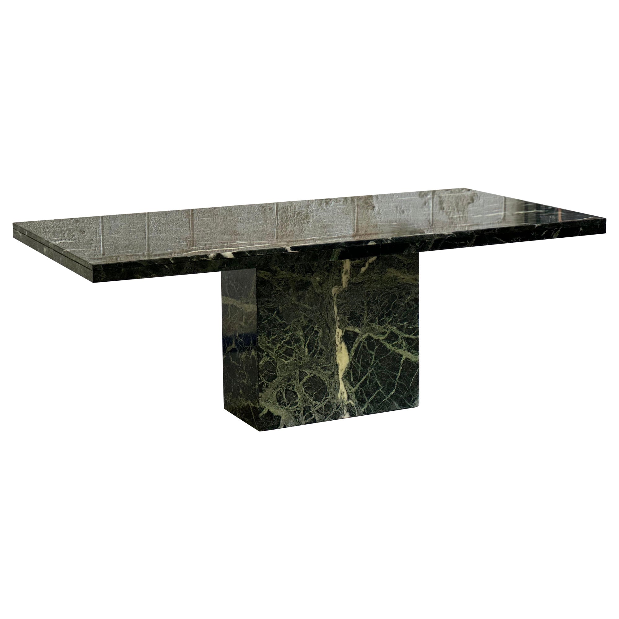 1970s Italy Dark Green Guatemala Marble Stone Rectangular Pedestal Dining Table For Sale