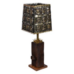 Brutalist Torch Cut Table Lamp with Nakashima Style Wood Base