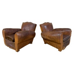 Pair of French Deco Leather Club Chairs ~ Circa 1930