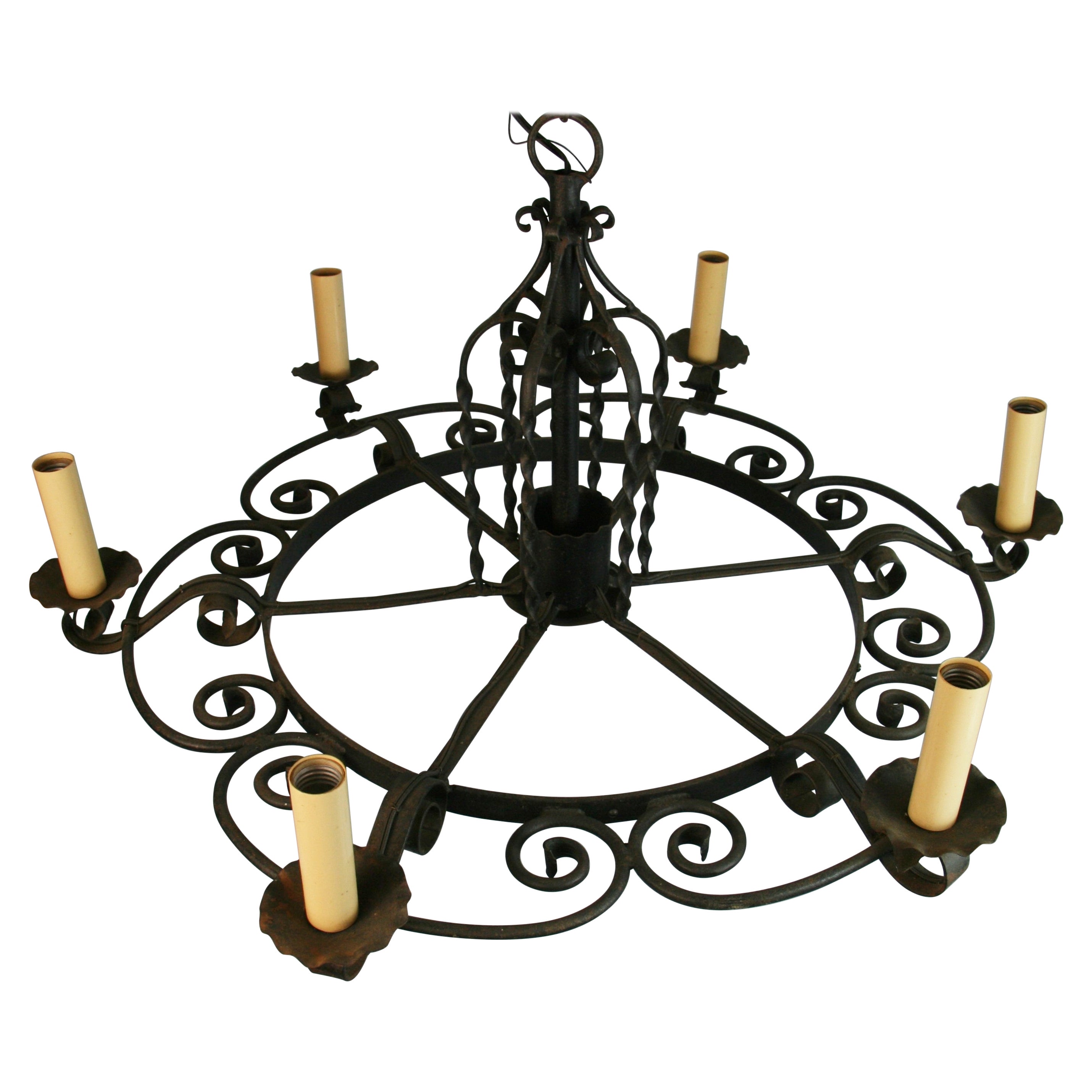 Large French Wrought Iron Hand Made   Chandelier, circa 1920s For Sale