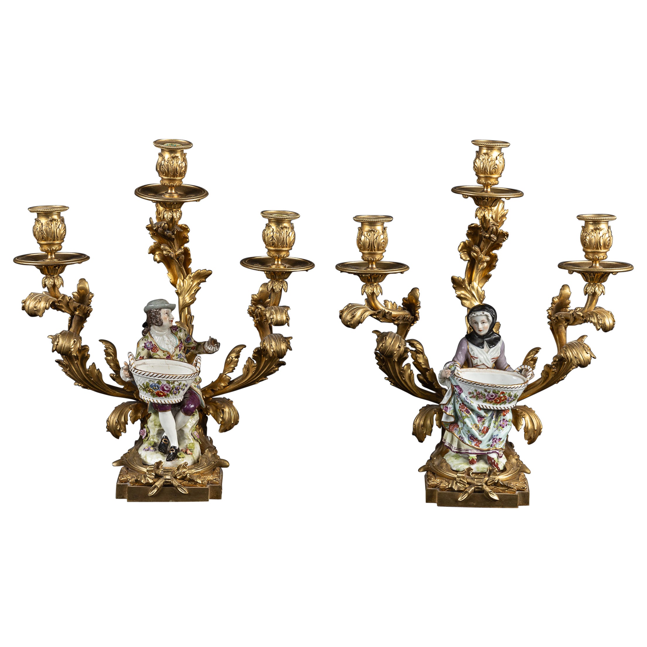 Pair of French 19th Century Bronze d’ore` Candelabra with Meissen Porcelain For Sale