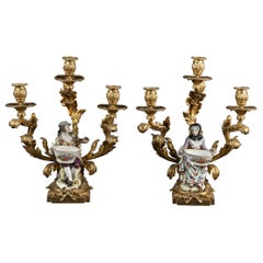 Antique Pair of French 19th Century Bronze d’ore` Candelabra with Meissen Porcelain
