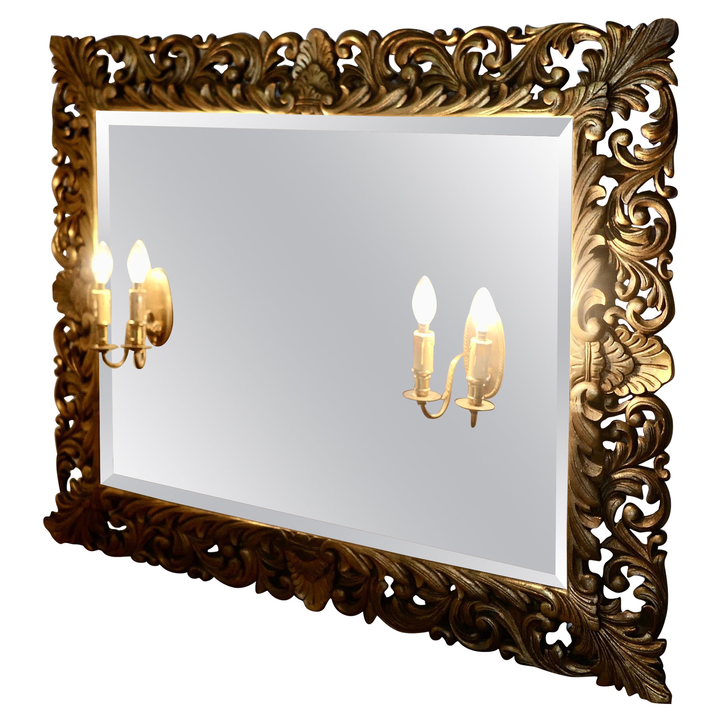 Large French Gothic Gilt Overmantel Mirror with Twin Sconces   