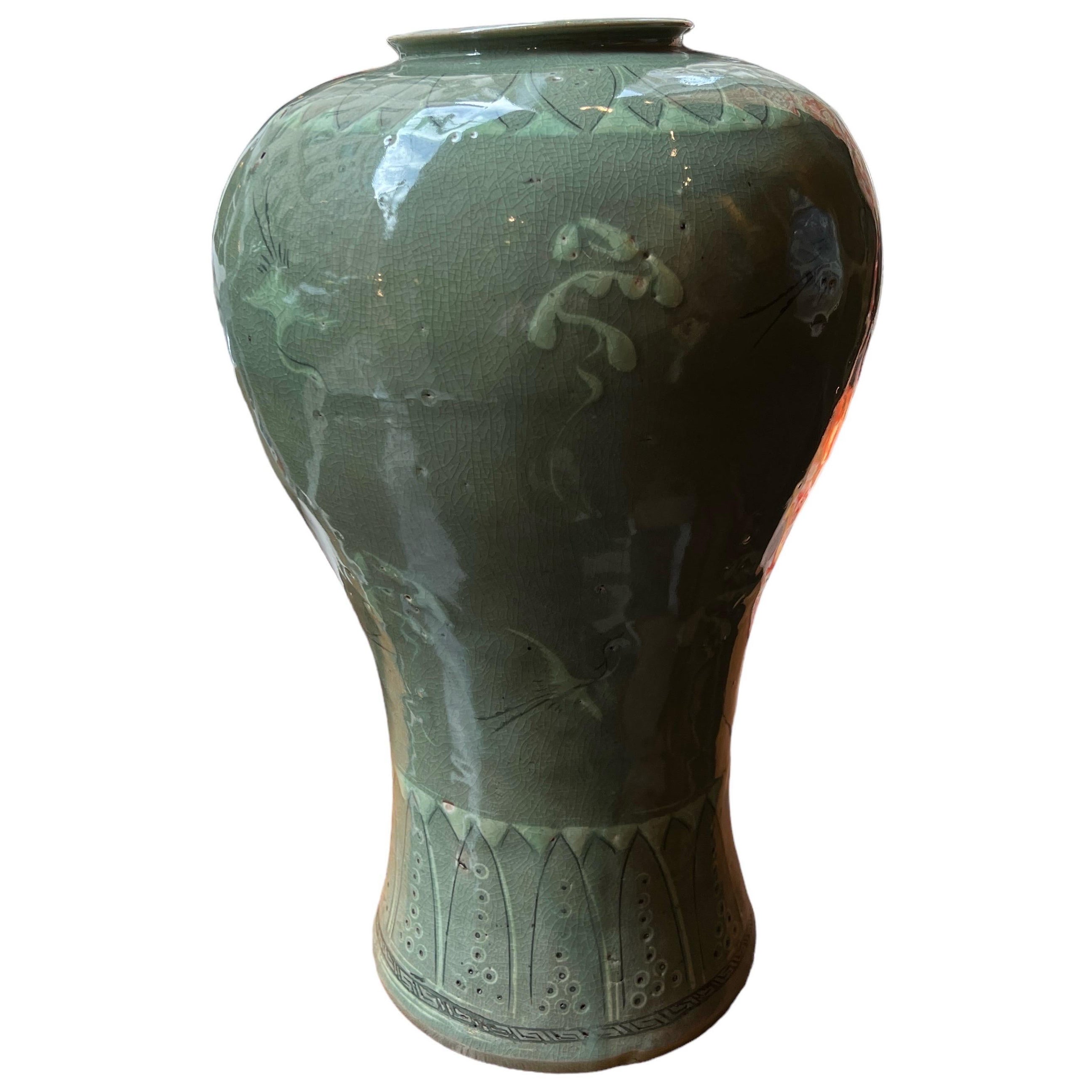 Gran jarrón coreano de cerámica celadón, Corea, siglo XIX