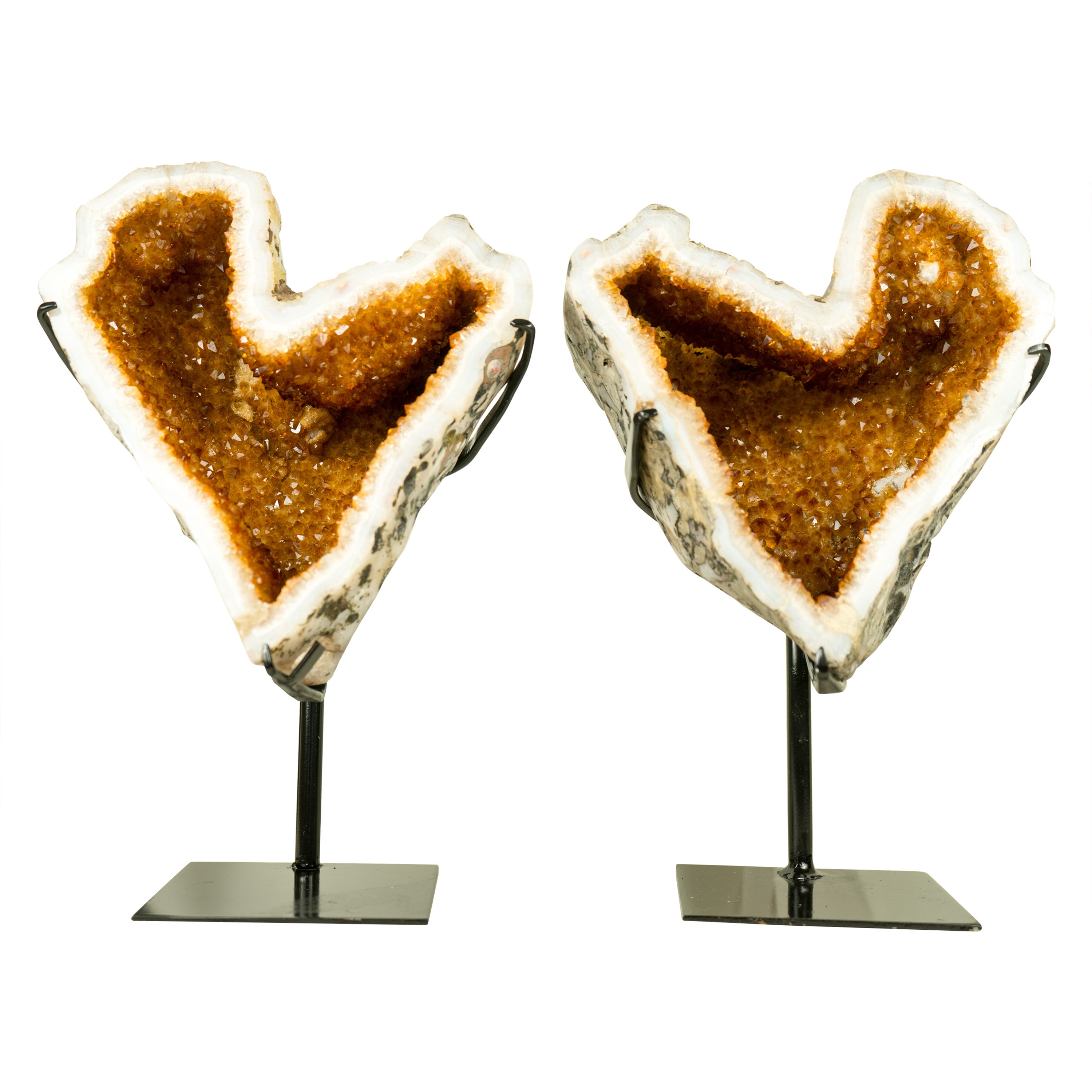 Naturally Shaped Citrine Heart Geodes with Deep Orange Citrine and White Agate For Sale