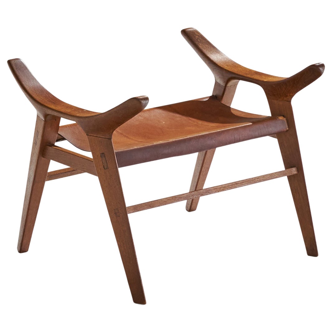 Italian Designer, Stool, Teak, Leather, Italy, 1950s