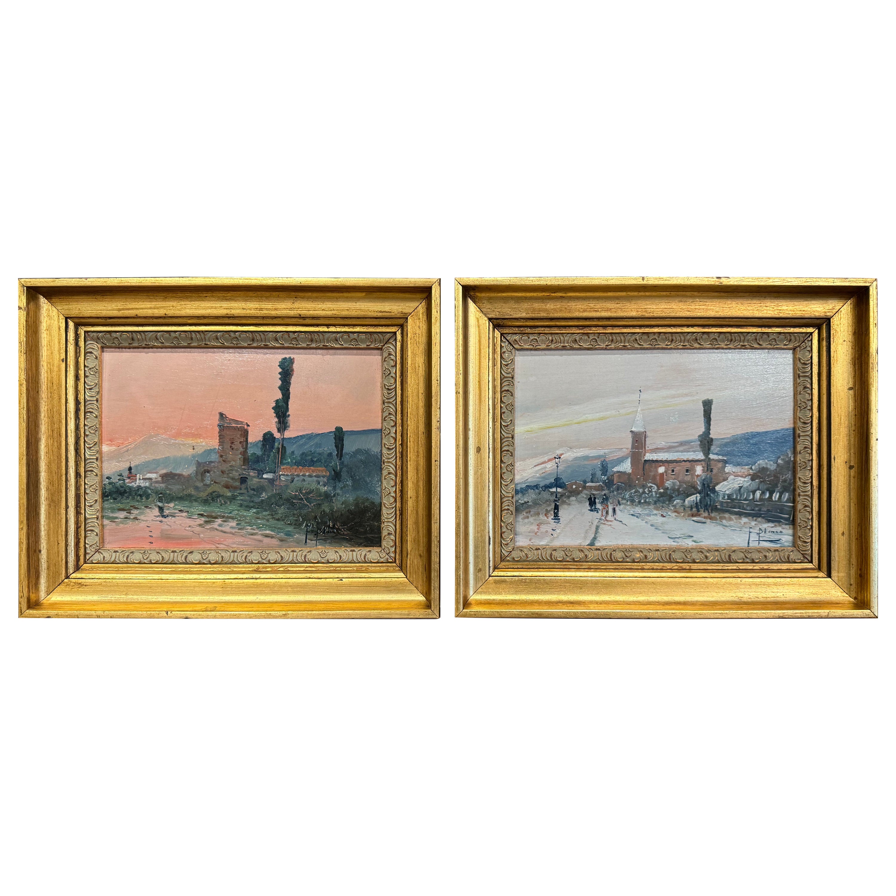 Pair Mid-Century French Paintings on Board in Gilt Frames Signed F. Blanco For Sale