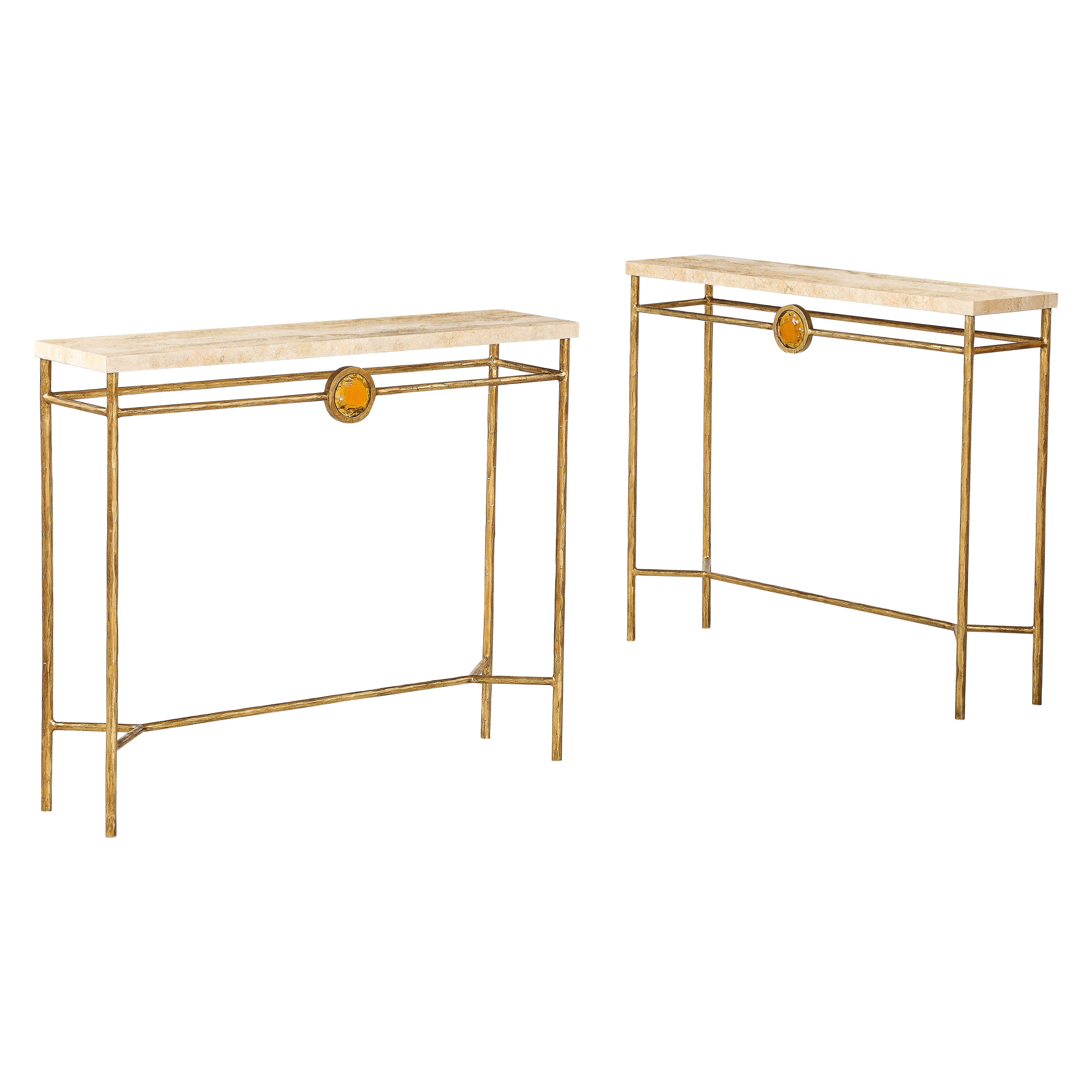 Pair of Italian 1970's Gilded Iron and Travertine Console Tables 