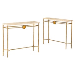 Vintage Pair of Italian 1970's Gilded Iron and Travertine Console Tables 