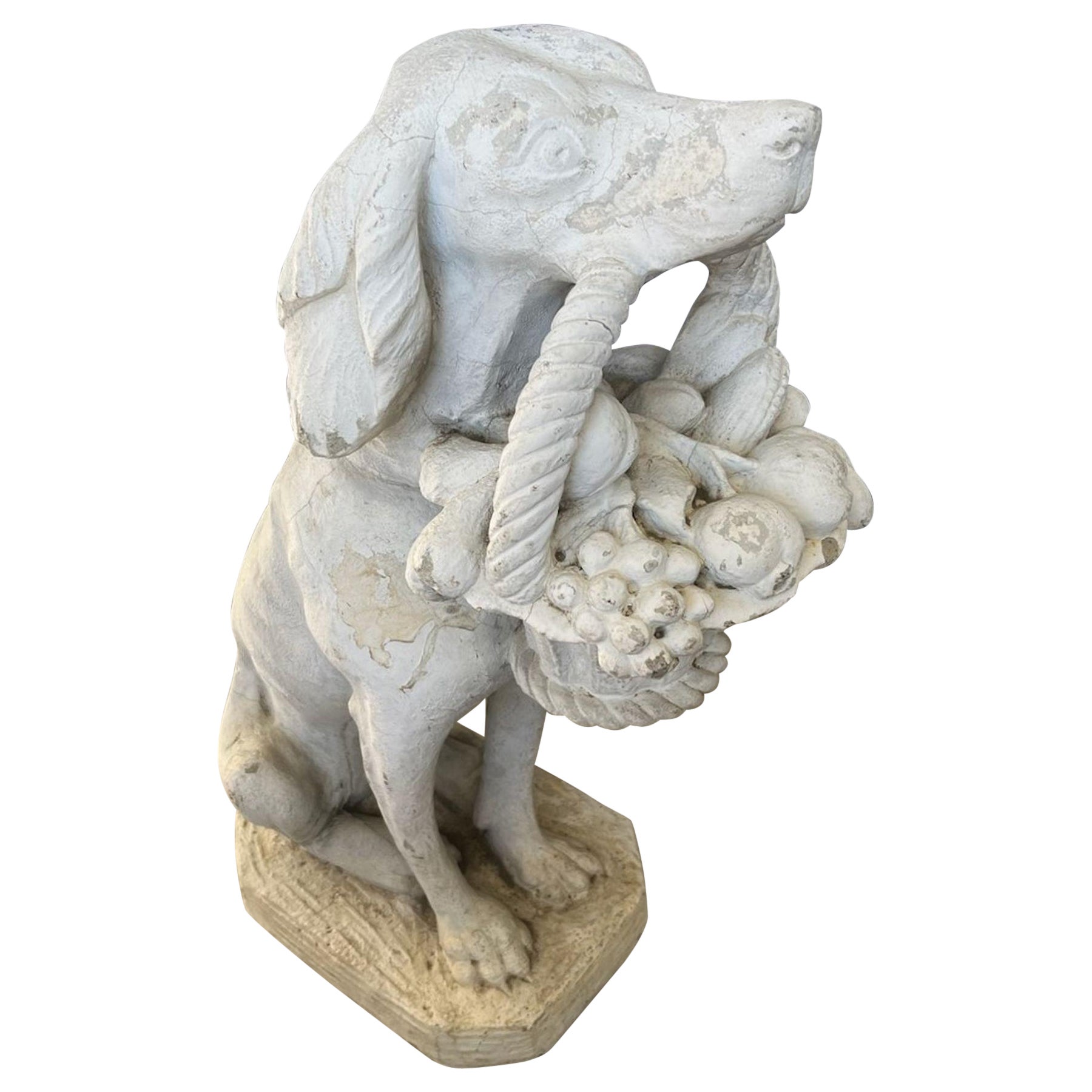 20thc  Concrete Dog W/ Basket of Fruit in Mouth For Sale