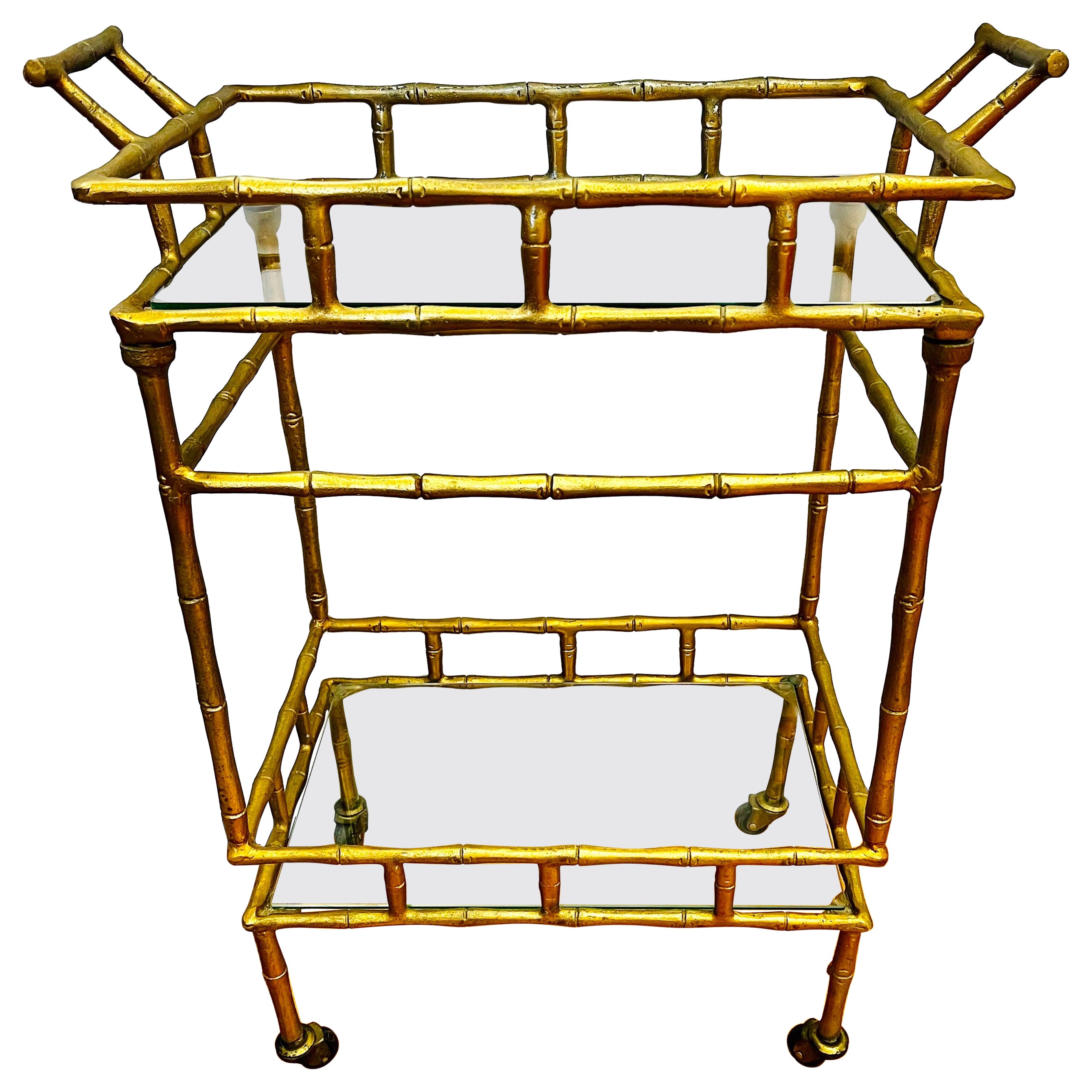 Vintage Chinoiserie Faux Bamboo Gold Gilt Metal Rolling Bar Cart