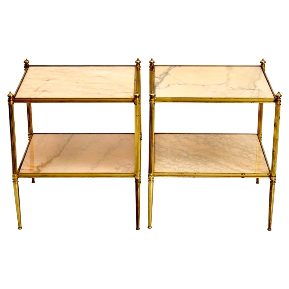 Pair of French Mid Century Modern Jansen Style Brass ans Stone Top Side Tables