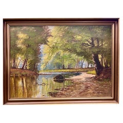 Grande peinture à l'huile originale d'un paysage forestier par le Stream  A. Johansen