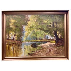 Large Original Oil Painting of a Forest by the Stream Landscape by A. Johansen